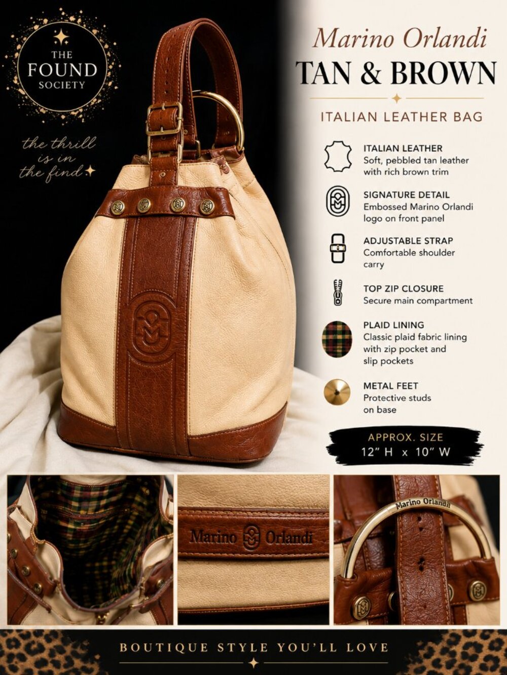 Marino Orlandi Italian Leather Tan Brown Slouch Shoulder Bag Plaid Lined Made in